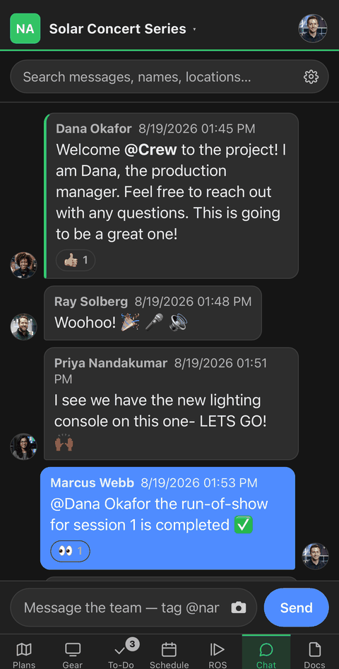 A crew chat with people mentioned by name and reactions on the messages.