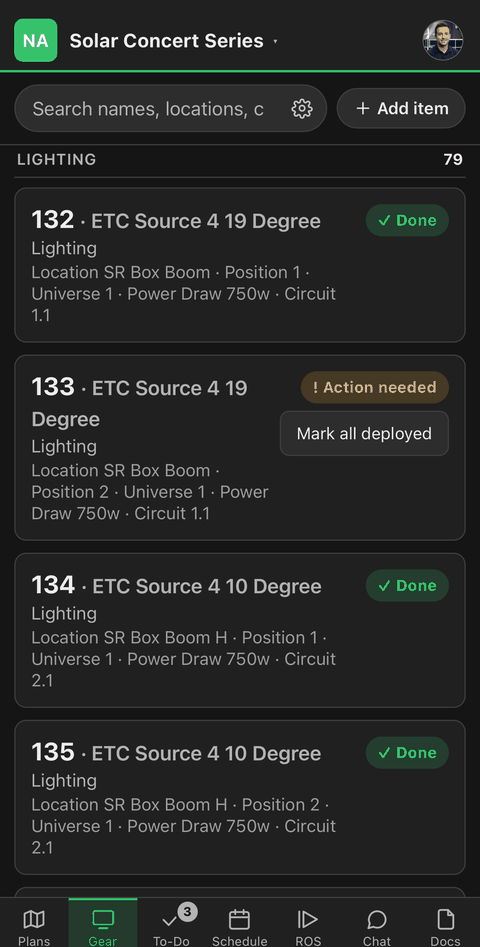 The gear list showing lighting fixtures with their circuits, universes and a done badge on each.