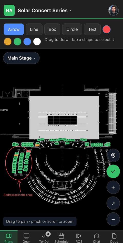 The markup tools open over a floor plan, with a run of positions circled in red and a note beside them.