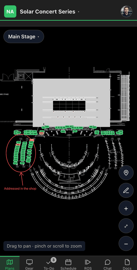 The floor plan on a phone, with a colored pin on every piece of gear in the venue.