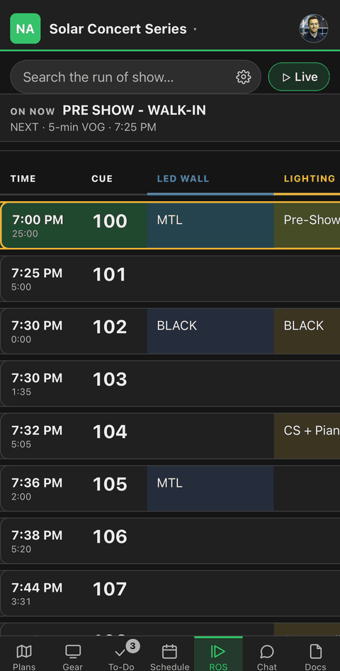 A run of show on a phone, live, with cue numbers, times and a column per department.
