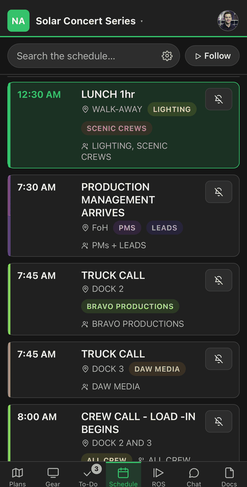 A show day schedule with truck calls and crew calls, each tagged with the departments involved.