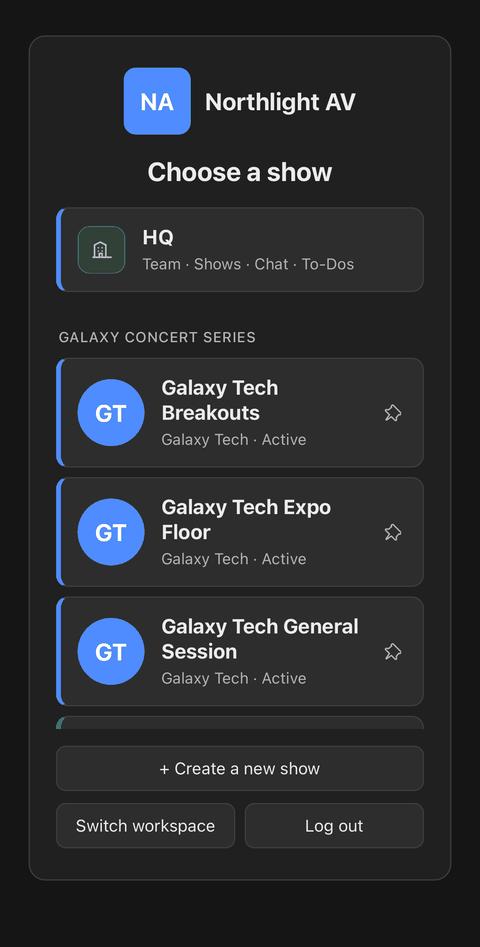 A show picker on a phone, with three shows of one expo grouped under the project they belong to, and company HQ above them.