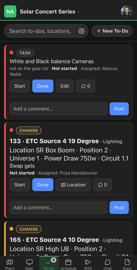 A to-do list on a phone, each item naming the piece of gear it's about and who picked it up.