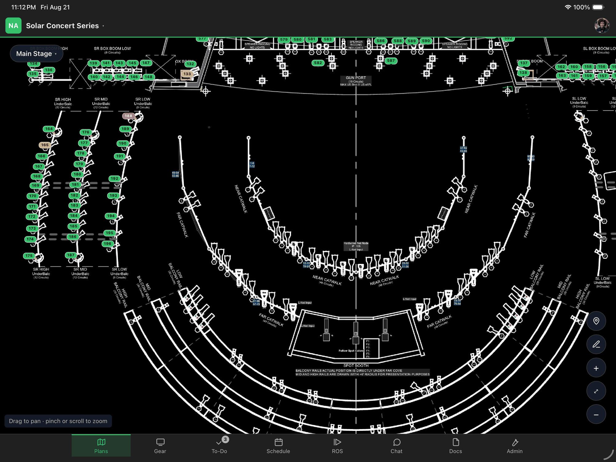 An iPad showing the whole venue plan, with a colored pin on every piece of gear in the house.