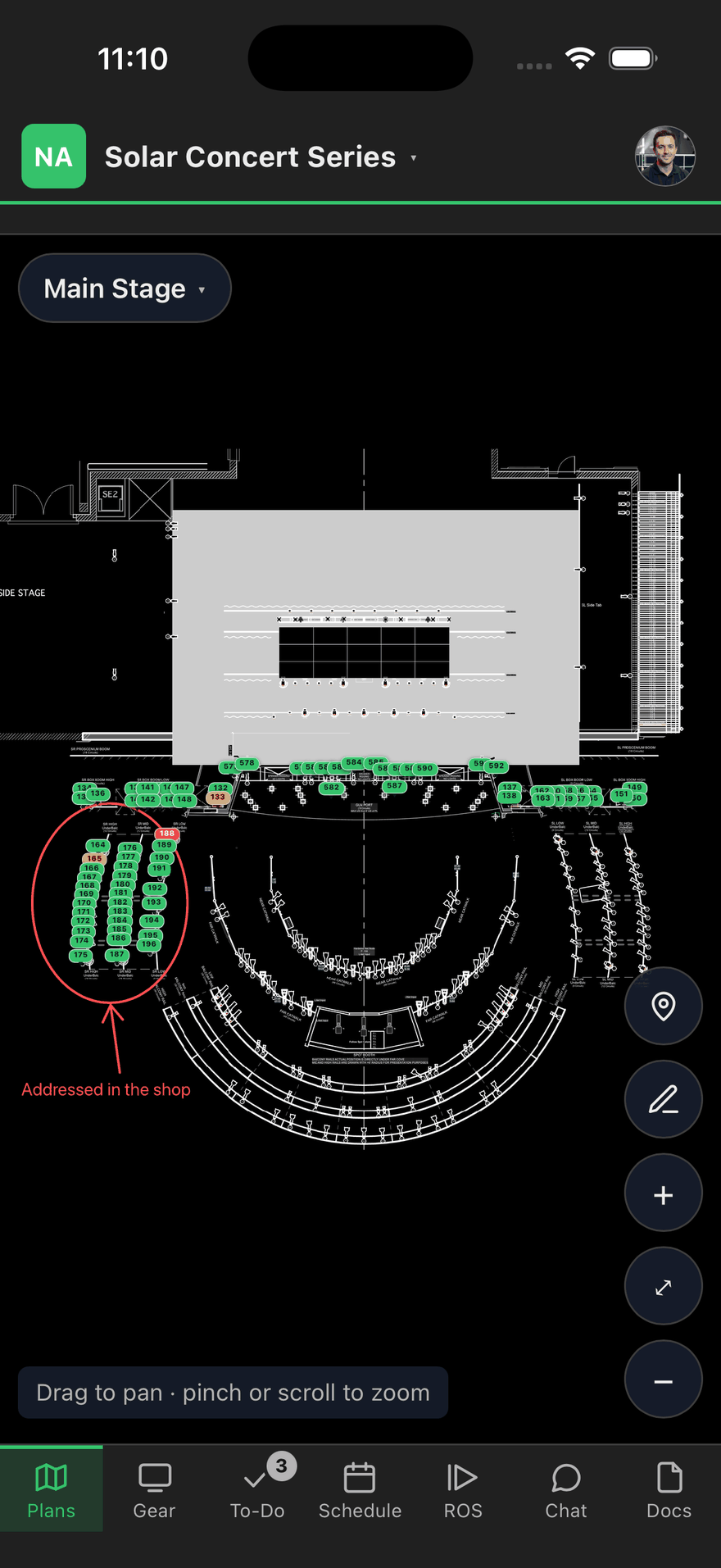 The same venue plan on an iPhone, with the same pins, marked up in red.