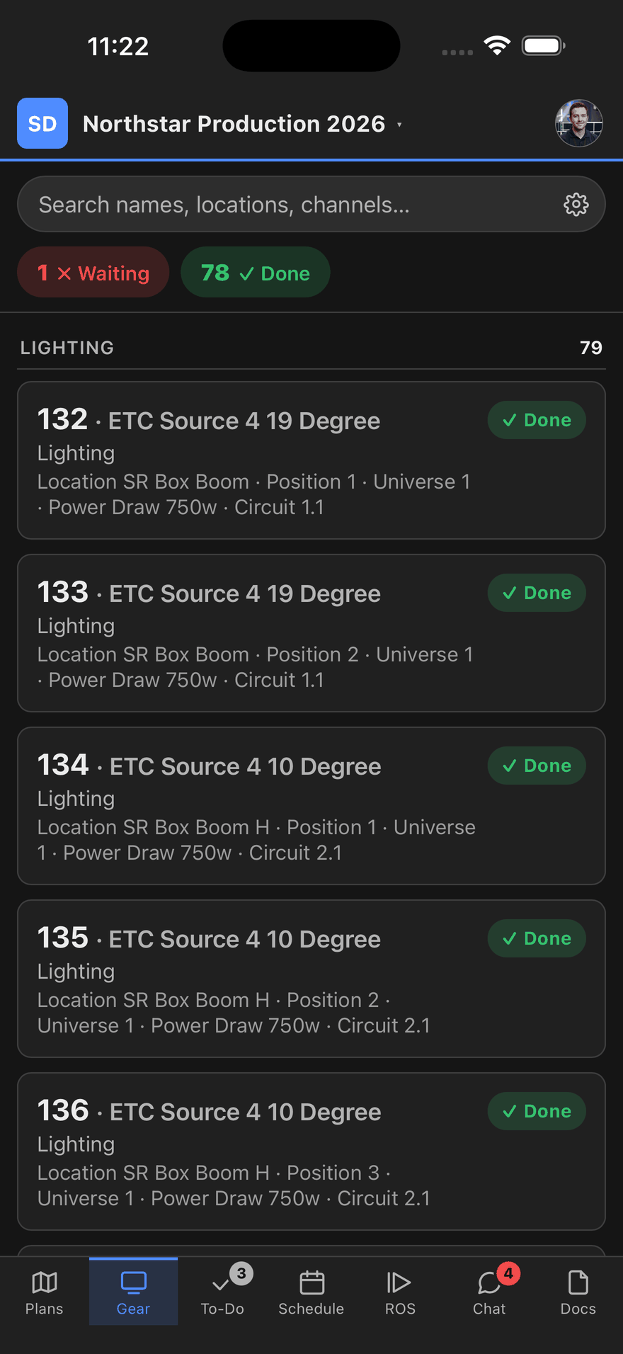 The gear list on a phone: each fixture with its position, circuit and power draw, and a green Done badge beside the ones that are up.