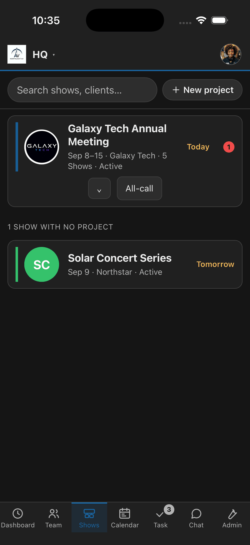 Every show the company is running: the Galaxy Tech Annual Meeting with five shows under it and an all-call button, and beneath that one show that belongs to no project.