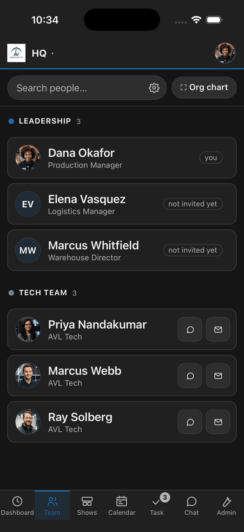 The company roster: a Leadership group and a Tech Team group, each person with their title, a call button and an email button, and a badge on the two who have not been invited yet.