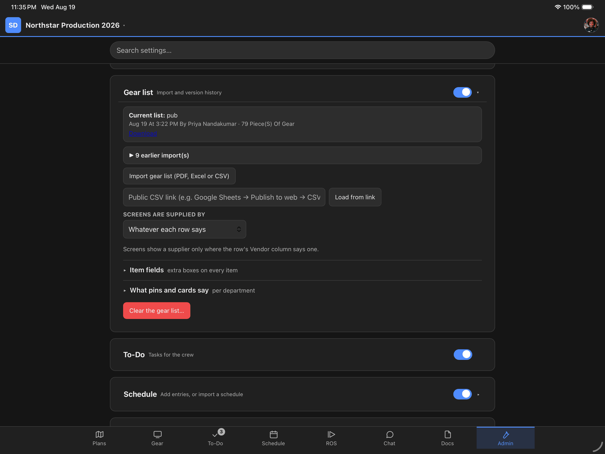The gear list settings on an iPad: a button reading Import gear list (PDF, Excel or CSV), a field for a public Google Sheets link, the current list showing 79 pieces of gear and who imported it, and nine earlier imports listed underneath.